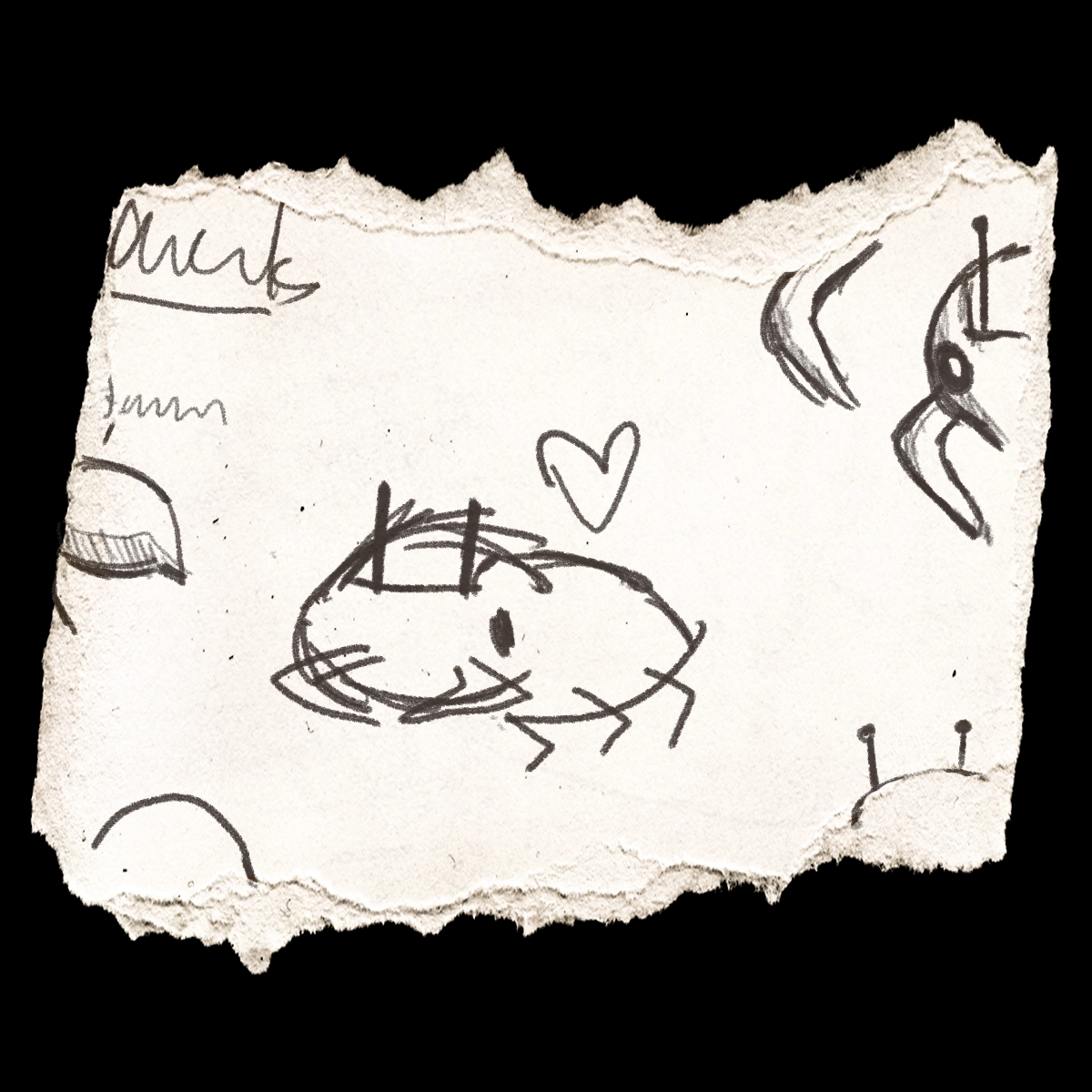 Drawing of a Tyhick with a heart next to it, displayed on a ripped piece of paper